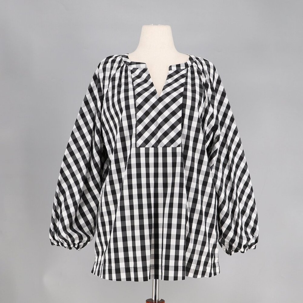 CHICO'S Gingham Poplin Tunic Top Balloon Sleeve Black Gray Size 3 (XL; 16/18)